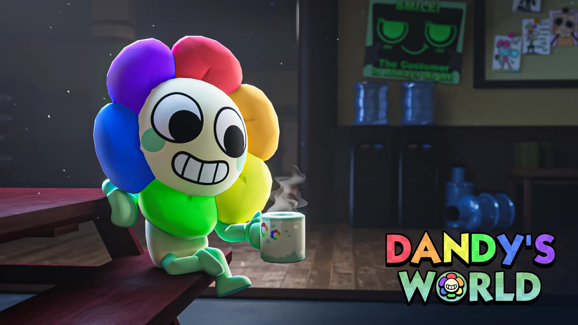 Official Dandy's World key art: Dandy sitting on a table with a steaming mug