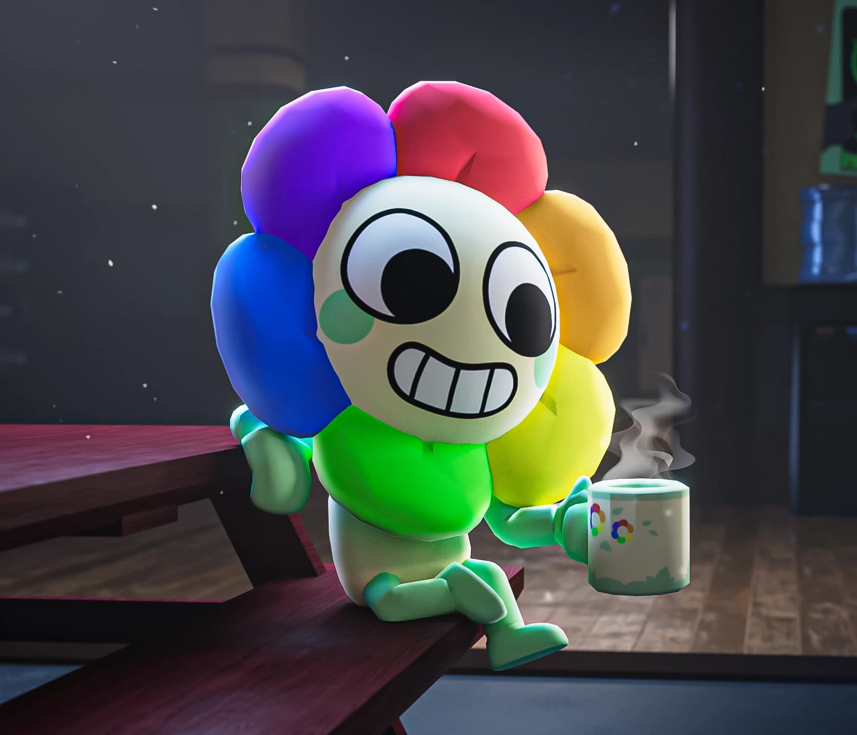 Official Dandy's World key art: Dandy sitting on a table with a steaming mug